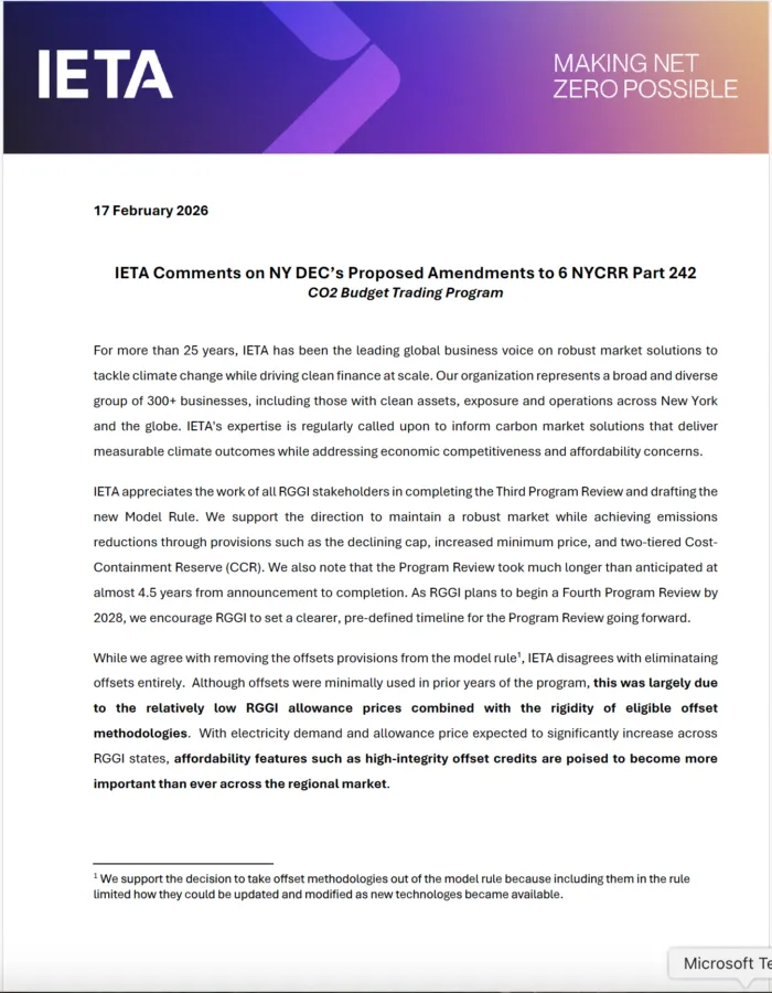 IETA Response New York State’s adoption of the RGGI Model Rule