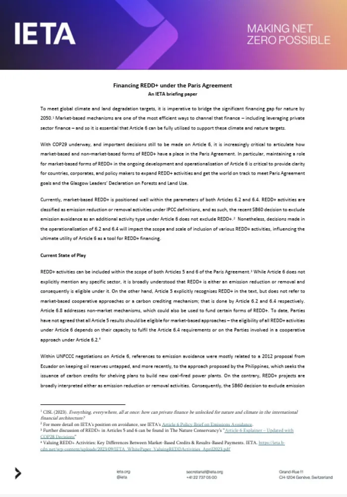 Financing REDD+ under the Paris Agreement: An IETA briefing paper