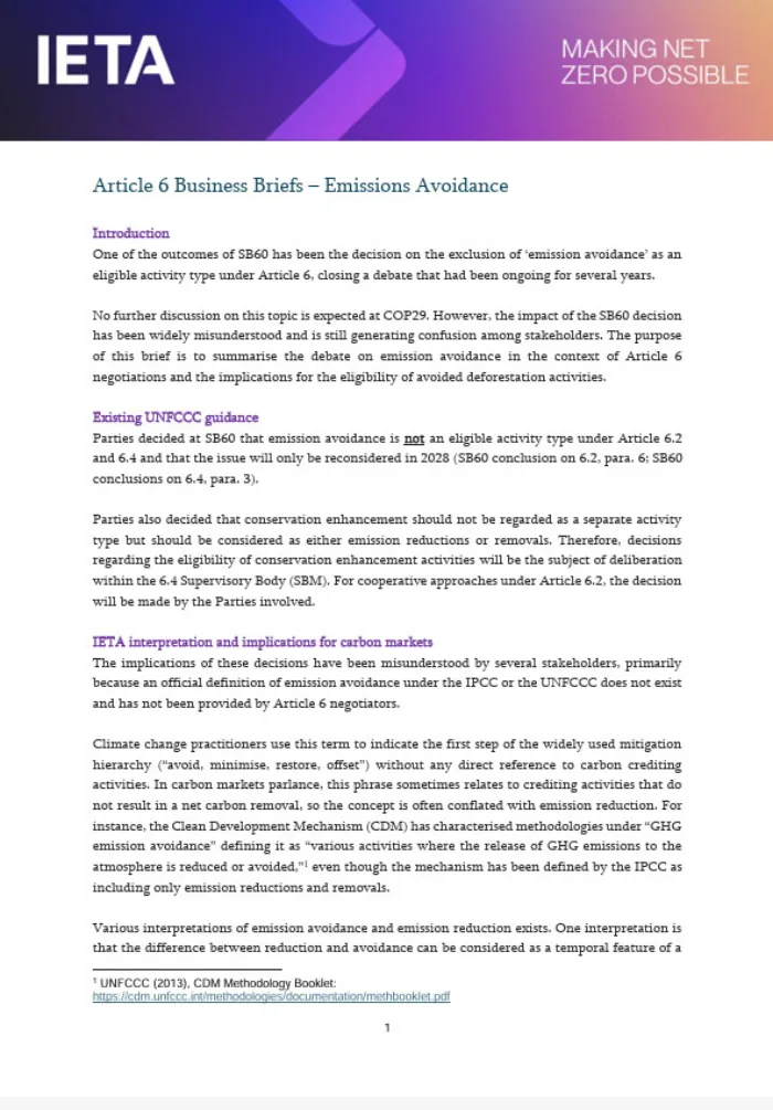 IETA Article 6 Policy Briefs Ahead of COP29 – First Transfer, Sequencing, Review and Addressing Inconsistencies