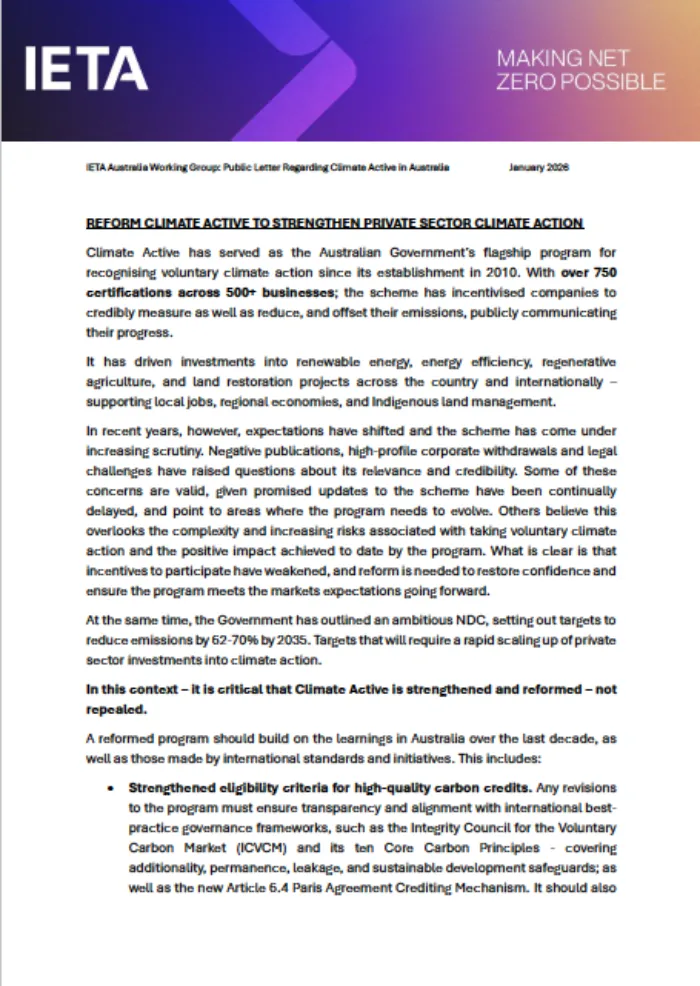 IETA calls for reform to the Australian Government's Climate Active scheme