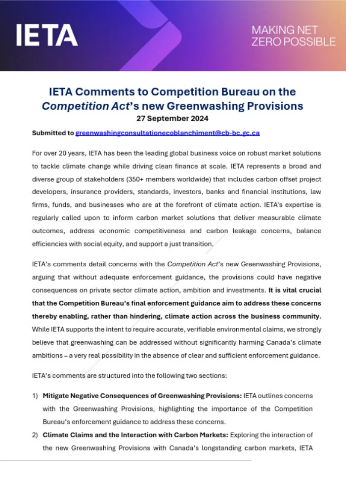 IETA Comments to Competition Bureau on the Competition Act’s new Greenwashing Provisions (Bill C-59)