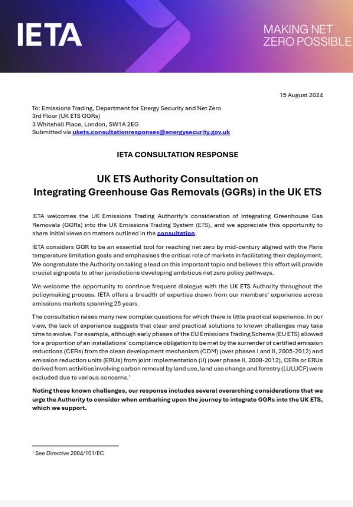 IETA Response to the UK ETS GGR Integration Consultation
