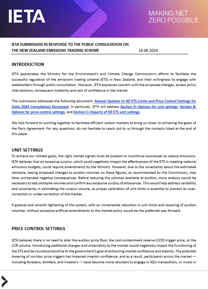 IETA ANZO Submission to the New Zealand ETS Consultation