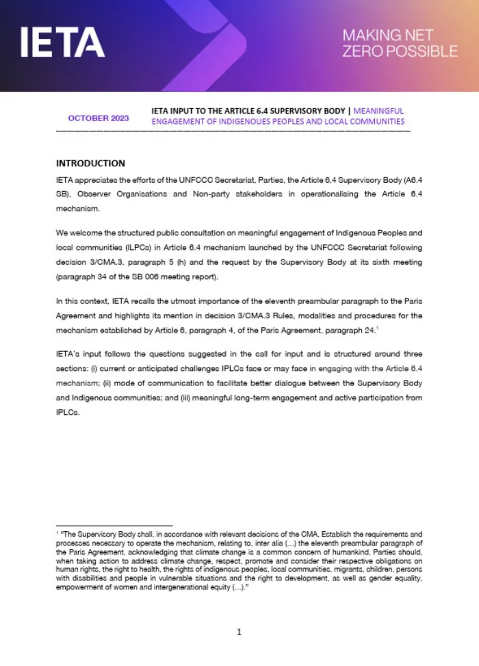 IETA Submission to the Article 6.4 SB on Meaningful engagement of Indigenous Peoples and local communities