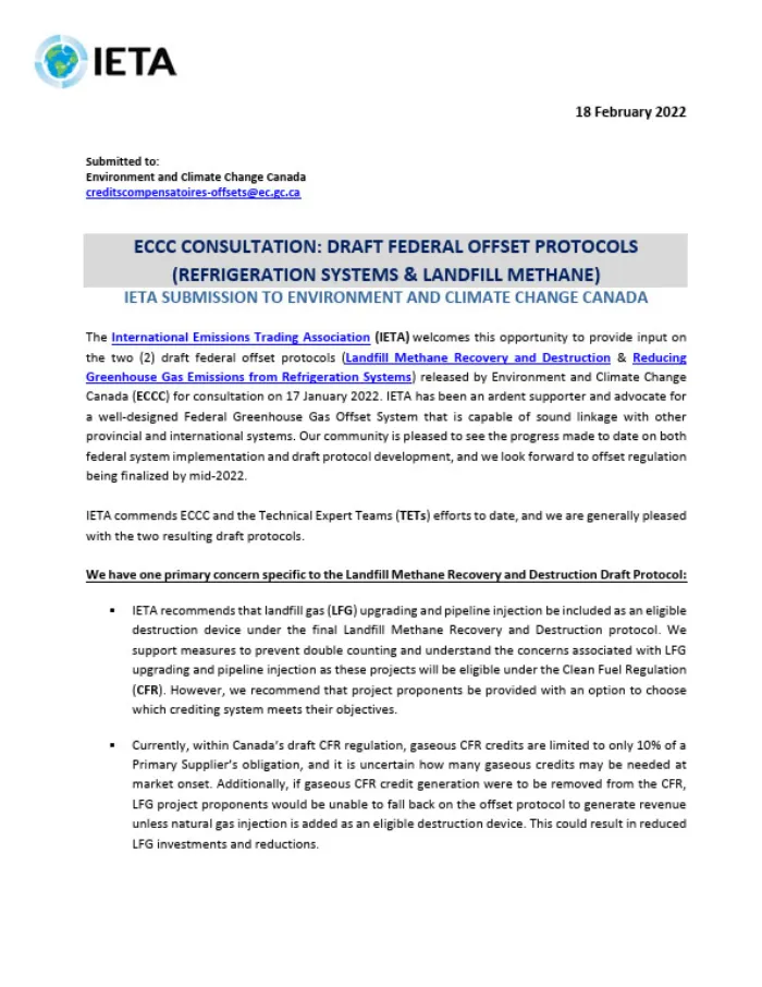 IETA Final Submission: Draft Federal Offset Protocols (Refrigeration Systems &amp; Landfill Methane)