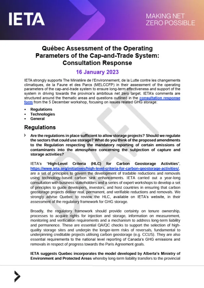 Québec Assessment of the Operating Parameters of the Cap-and-Trade System: Consultation Response